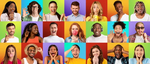 Renkli arka planlarda jest yapan ve yüzünü buruşturan çok ırklı gençler, kolaj