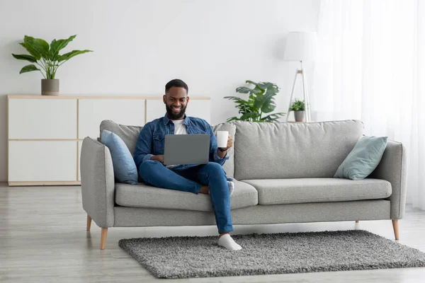 Smiling attractive millennial african american man sits on sofa drinking coffee from cup and works on pc alone — 图库照片