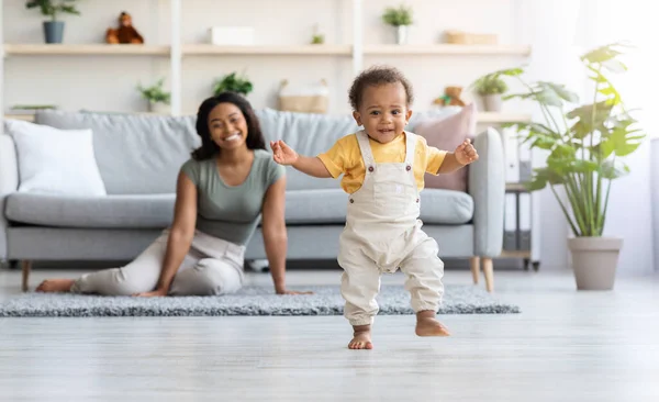 First Steps. Adorable Black Infant Child Walking In Living Room At Home — Stock Fotó