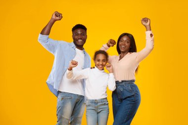 Stüdyoda duygusal siyahi ailenin yumruk sallamasının portresi.