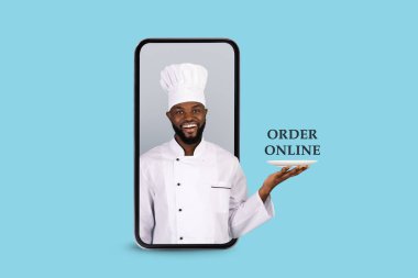 İnternetten yemek sipariş et. Akıllı Telefon Ekranından Gizlice Bakan Siyah Aşçı Kolajı