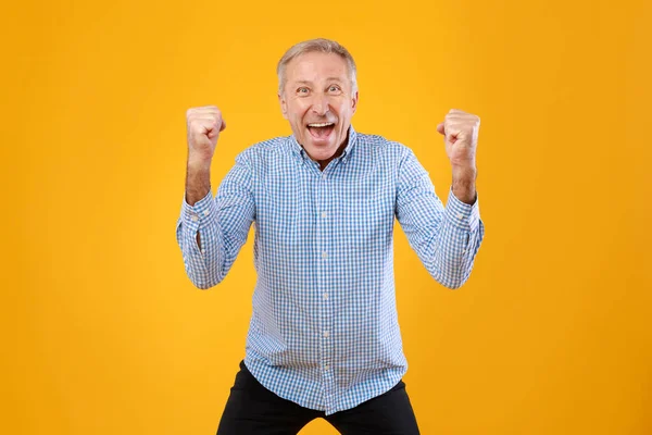 Portrait of excited mature man screaming with raised fists — Stockfoto