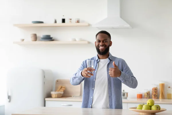 Satisfied millennial african american male with beard enjoy good morning, hold glass of clean water — 스톡 사진