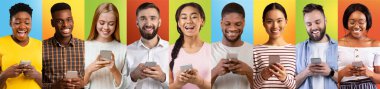 Cheerful Multiethnic People Browsing Social Media On Smartphones Over Colorful Backgrounds