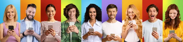 Set of international men and women with smartphones posing on different colorful studio backgrounds, panorama — Fotografia de Stock