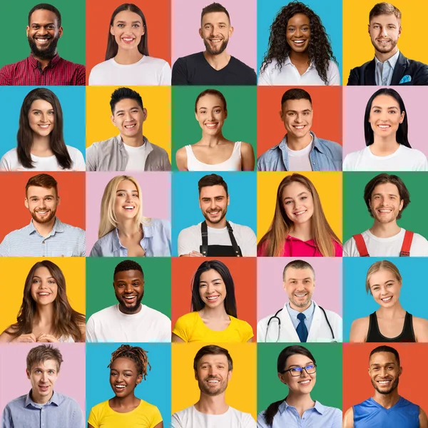 Happy multiracial men and women posing on colorful backgrounds — Photo