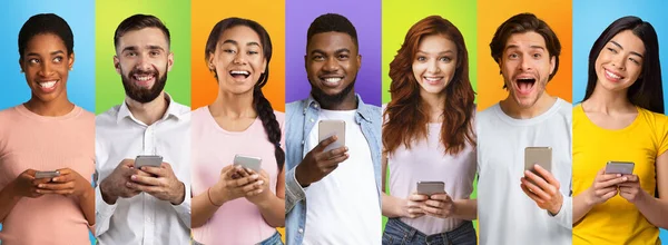 Εφαρμογή γνωριμιών. Διαφορετικοί νέοι άνθρωποι με Smartphones στα χέρια πάνω από πολύχρωμα Backgrounds — Φωτογραφία Αρχείου