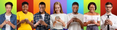 Diverse men and women using smartphones over colorful background, collage