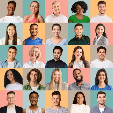 Portraits of happy multiracial people posing on colorful backgrounds