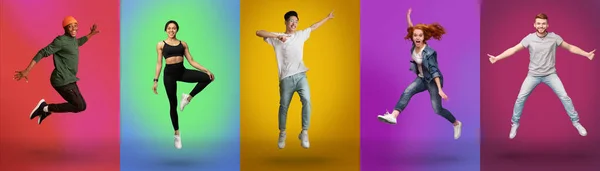 Expressing joy and happiness. Full length of active energetic young men and women jumping over neon color backgrounds — Fotografia de Stock