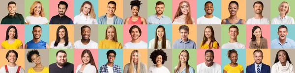 Happy multiethnic millennial men and women, set of portraits, panorama — Stockfoto