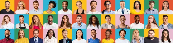Various people showing positive emotions on colorful backgrounds, set — Stockfoto