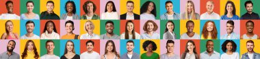 Happy multiracial people faces on diverse backgrounds, collage