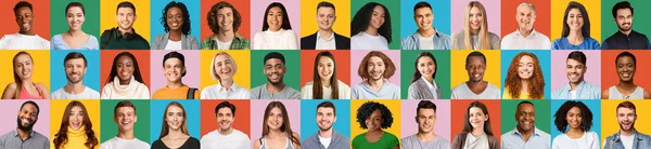 Happy multiracial people faces on diverse backgrounds, collage — Stockfoto