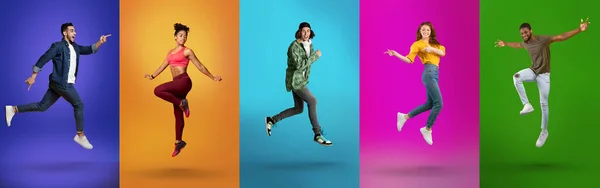 Collage of happy millennial multiracial people jumping in air on color neon studio backgrounds — Stock Fotó