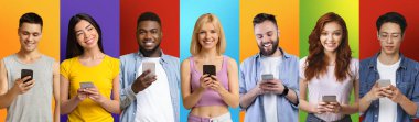 Portraits Of Diverse Multiethnic Millennial People With Smartphones Posing Over Colorful Backgrounds