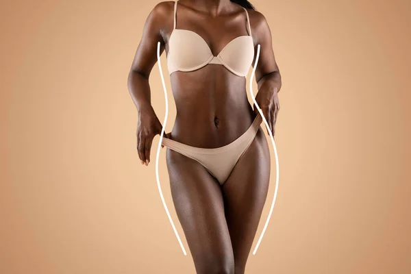 Black model in underwear demonstrating her perfect body, collage — Fotografia de Stock