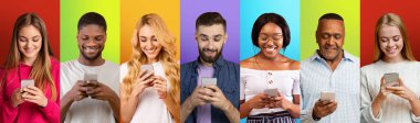 Young diverse people using cellphones over different colored studio backgrounds, panorama. Gadget users crowd