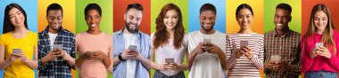 Happy young men and women using smartphones while standing over colorful backgrounds