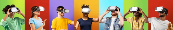 VR technology. Collage of young people wearing virtual reality glasses experiencing innovative technology — Stockfoto