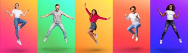 Collage with jumping carefree young men and women expressing positive emotions over bright colorful neon backgrounds