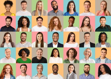 Set of millennial, senior and middle-aged international people photos