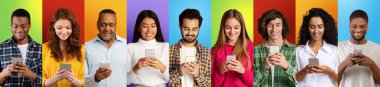 Creative collage, group of diverse people with smartphones posing on different colorful backgrounds, panorama