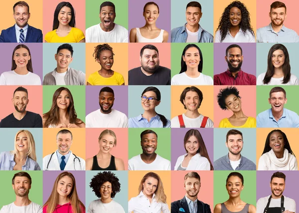 Retratos de personas emocionales multirraciales posando sobre fondos coloridos — Foto de Stock