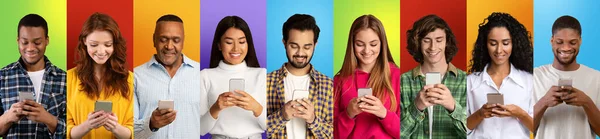 Creative collage, group of diverse people with smartphones posing on different colorful backgrounds, panorama — 图库照片