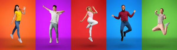 Cheerful mood. Full length collage of excited young diverse people jumping and fooling on bright neon backgrounds — Fotografia de Stock