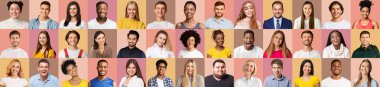 Joyful multiethnic people smiling on pastel backgrounds, collection