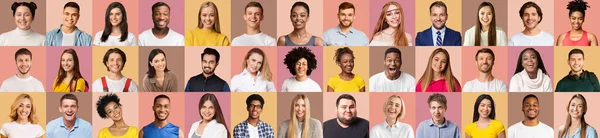 Joyful multiethnic people smiling on pastel backgrounds, collection — Photo