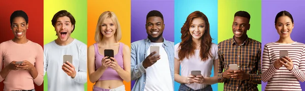 Great App. Diverse Happy People With Smartphones Posing Over Colorful Backgrounds — Stockfoto