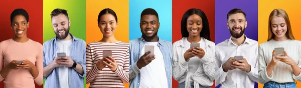 Διαδικτυακή επικοινωνία. Διαφορετική Νέοι άνθρωποι Μηνύματα σε κινητά τηλέφωνα πάνω από πολύχρωμα Backgrounds — Φωτογραφία Αρχείου