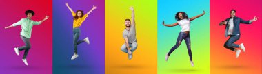 Collage with excited millennial diverse men and women jumping and shouting, having fun on bright neon backgrounds