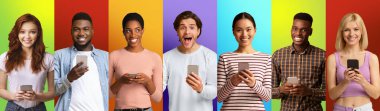 Online Offer. Group Of Young People With Smartphones Posing Over Colorful Backgrounds
