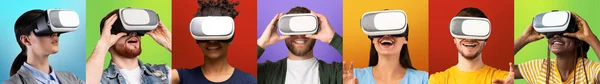 Portraits of shocked smiling young international men and women in casual clothes and virtual reality glasses — Stockfoto