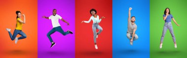 Collage of happy international young people jumping in air, having fun, showing happy emotions on color neon backgrounds