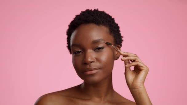 Black Lady Brushing Eyebrows Making Makeup Standing Over Pink Background — Stockvideo