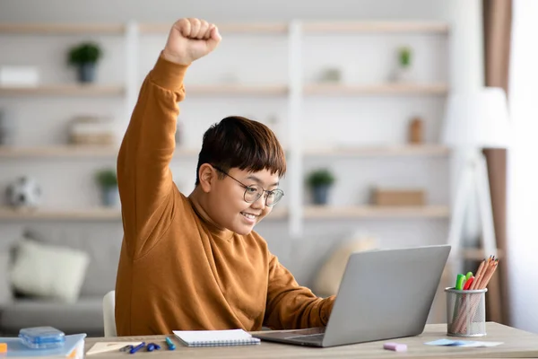 Joyful chinese teenager using laptop, raising hand up — Zdjęcie stockowe