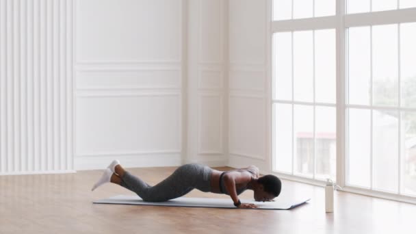 Pelatihan kebugaran. Sporty Black Female Doing Knee Push-Up Exercises In Studio — Stok Video