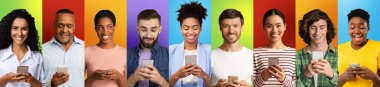 Collection of diverse young men and women using cellphones, browsing web or social networks, colorful backgrounds