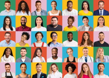 Cheerful multiracial men and women posing on colorful backgrounds