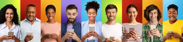 Collection of diverse young men and women using cellphones, browsing web or social networks, colorful backgrounds — Stockfoto