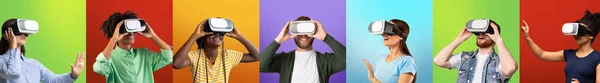 Augmented reality world. Collage of young people in VR glasses experiencing virtual reality over colourful backgrounds — Stockfoto