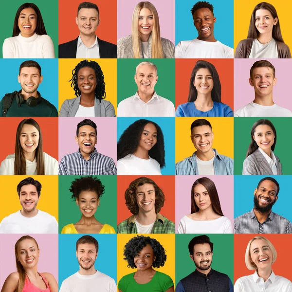 Multiracial smiling people photos on bright colorful backgrounds, set — Stock Photo, Image