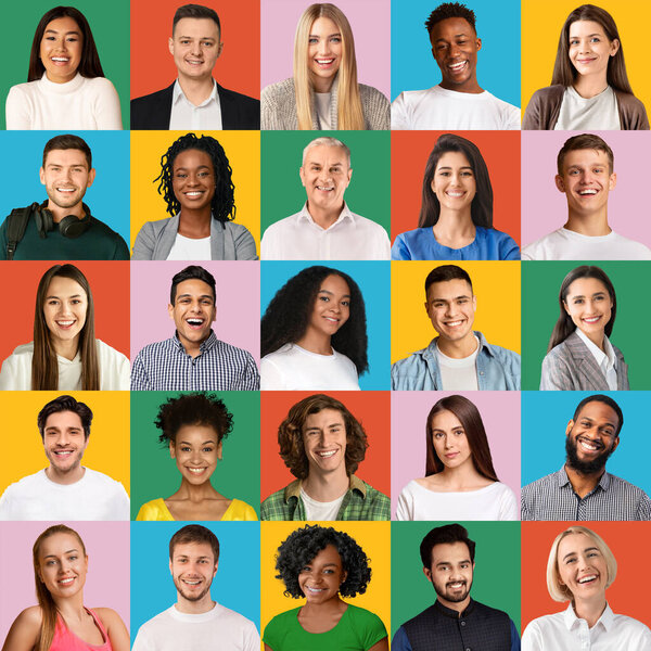 Multiracial smiling people photos on bright colorful backgrounds, set