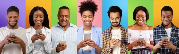 Diverse women and men with smartphones using internet, communicating in social media, collage, panorama — Stockfoto