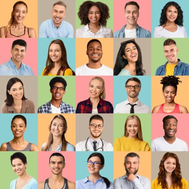 Group of different smiling multi ethnic people posing over colored backgrounds