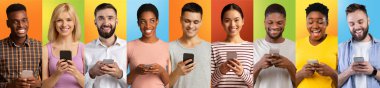 Mobile Offer. Portraits Of Diverse Young People Using Smartphones Over Bright Backgrounds